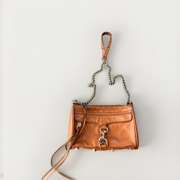 Rebecca Minkoff Mini Mac Brown Leather Crossbody Purse Bag Moto Gold Boho Chain - Picture 1 of 7